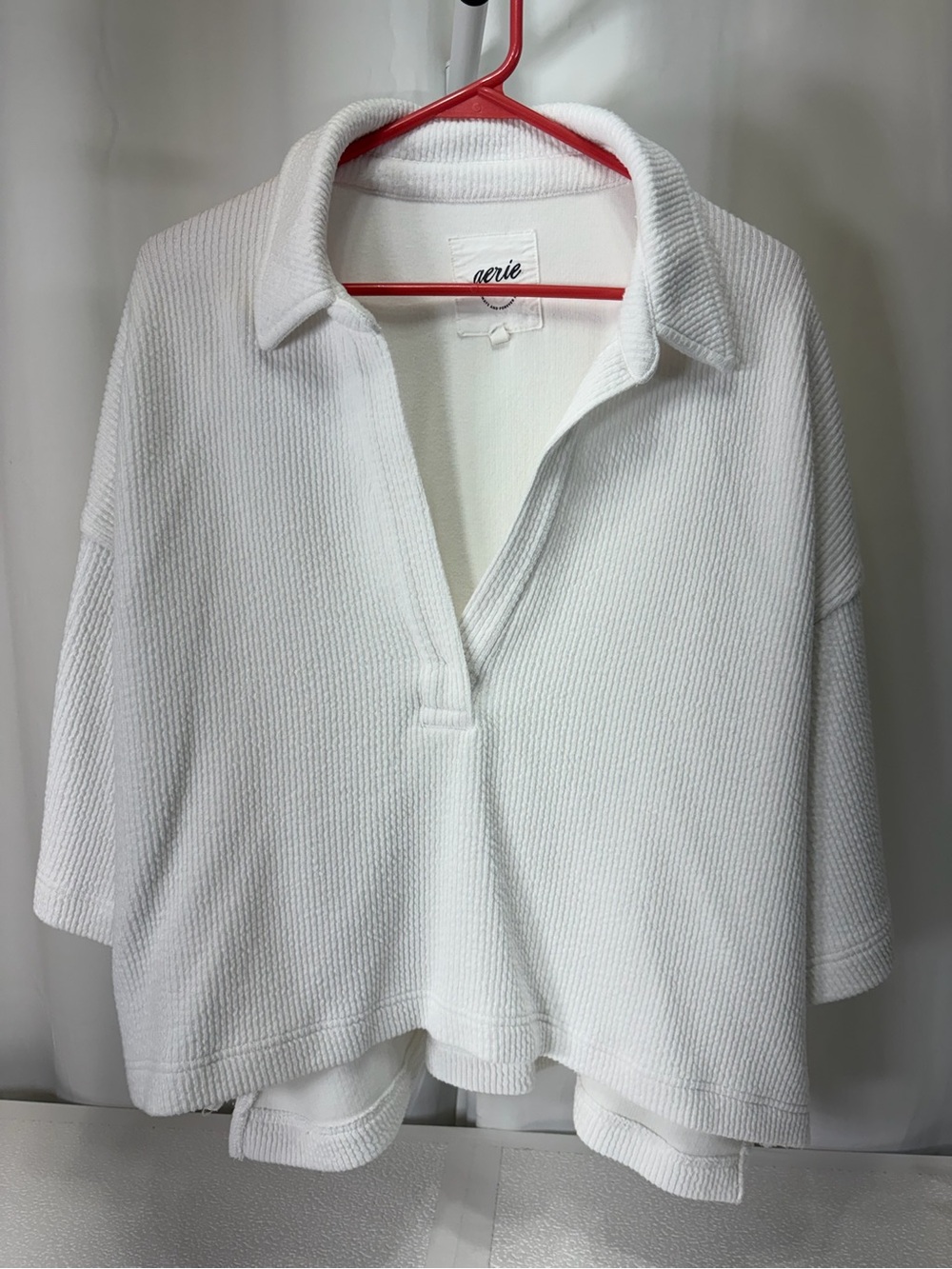 aerie White Ribbed Collared V-Neck Pullover 4283